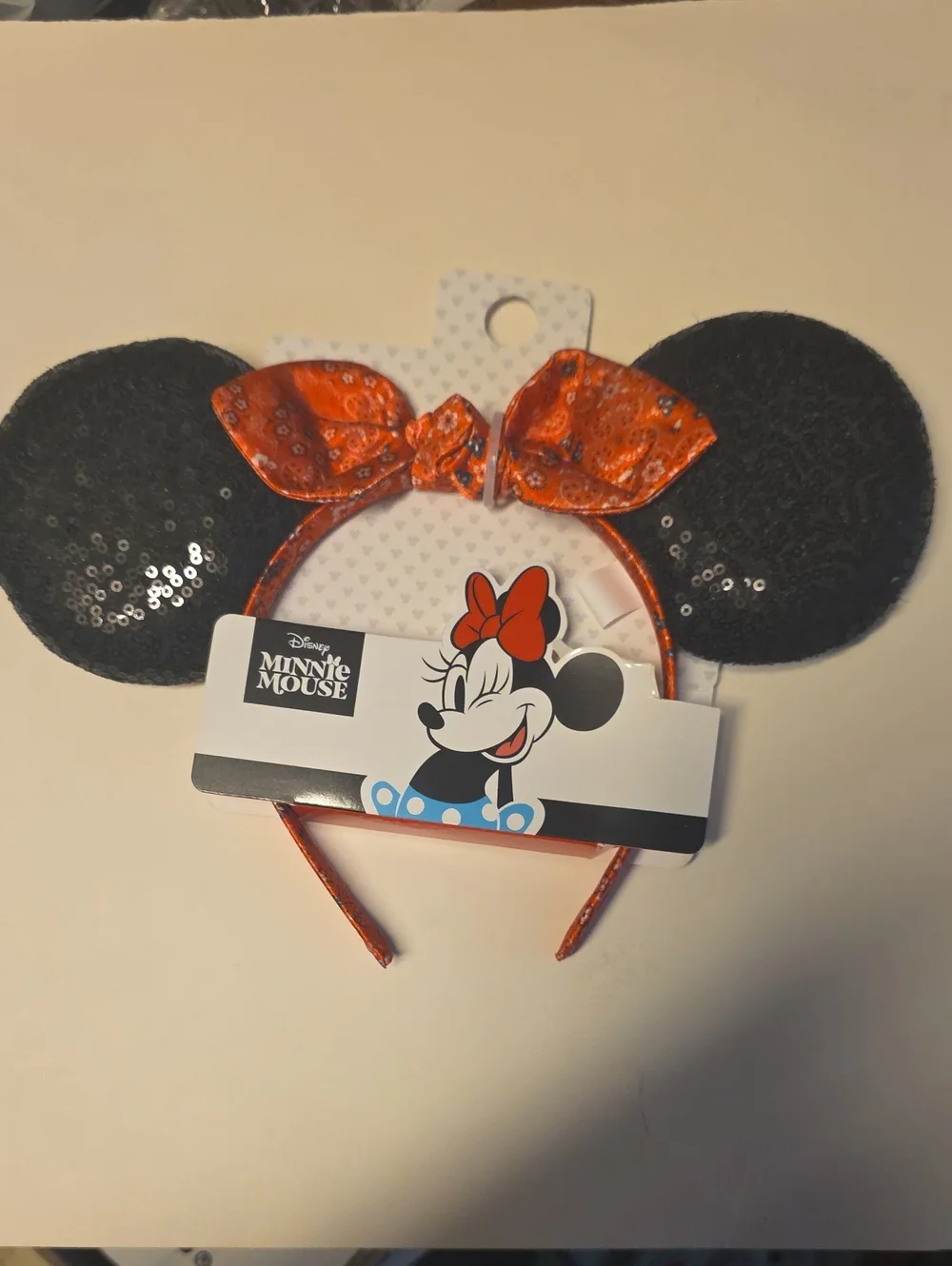 Disney Minnie Mouse Black Sequin Ear Headband with Orange Bow